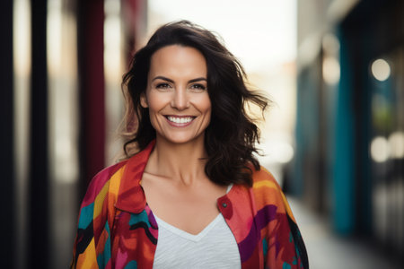 Portrait of smiling young woman in colorful blouse looking at cameraの素材