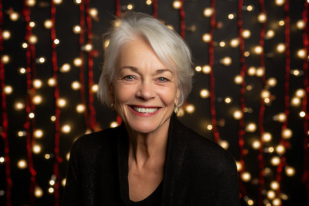 Portrait of a happy senior woman with Christmas lights in the backgroundの素材