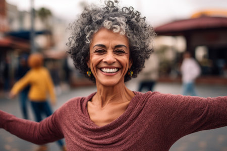 Portrait of a happy mature woman with afro curly hair smiling in the street.の素材