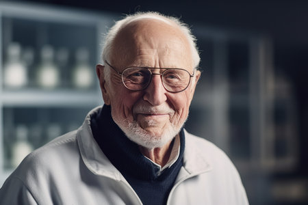 Portrait of a smiling senior man in a lab coat and glassesの素材