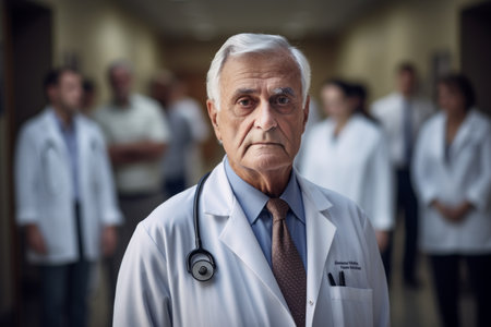 Portrait of senior male doctor standing in hospital corridor with other doctors in backgroundの素材