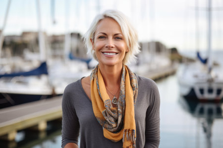 Portrait of a beautiful mature woman standing in front of yachtsの素材