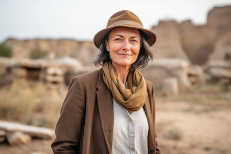 Portrait of a smiling middle-aged woman in hat and coat standing in Cappadocia, Turkeyの素材