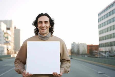 Handsome young man holding blank whiteboard on urban street backgroundの素材