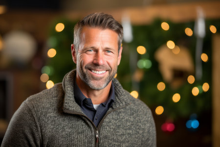 Handsome man with beard smiling and looking at camera in front of christmas lightsの素材