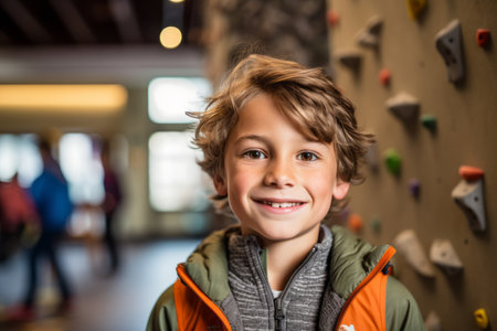 Portrait of smiling boy climbing wall at indoor climbing gym. Focus on boyの素材