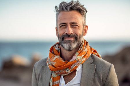 Portrait of a handsome mature man with a scarf on the beachの素材