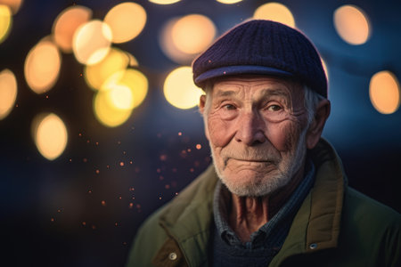 Portrait of an old man in a cap and green jacket on a background of the night city.の素材
