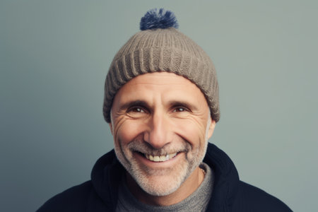 Portrait of a happy mature man in a knitted hat and sweaterの素材