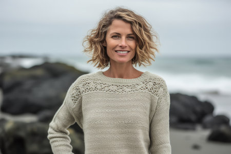 Portrait of smiling woman standing on beach at the beach in winterの素材