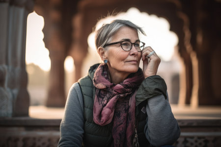 Portrait of a beautiful senior woman with glasses in the city.の素材