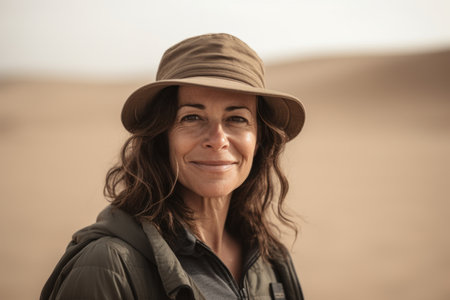 Portrait of a beautiful middle aged woman with hat in the desertの素材