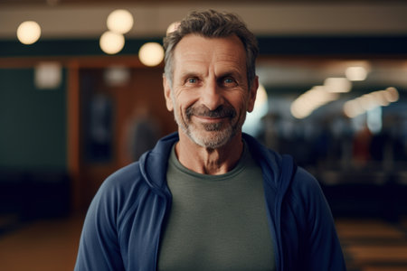 Portrait of smiling senior man in sportswear standing in gymの素材