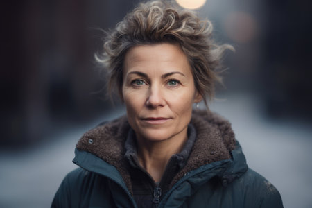 Portrait of a middle-aged woman on a city street.の素材