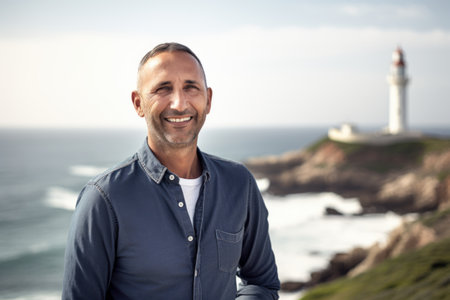 Portrait of smiling mature man standing in front of lighthouse at the beachの素材