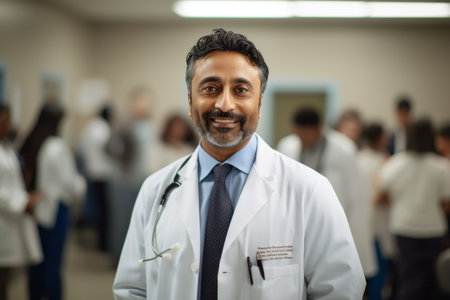 Portrait of a smiling male doctor standing in front of his teamの素材