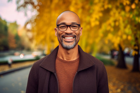 smiling african american man in eyeglasses at autumn parkの素材
