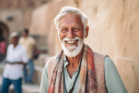 Portrait of senior man with white beard smiling at camera in the streetの素材