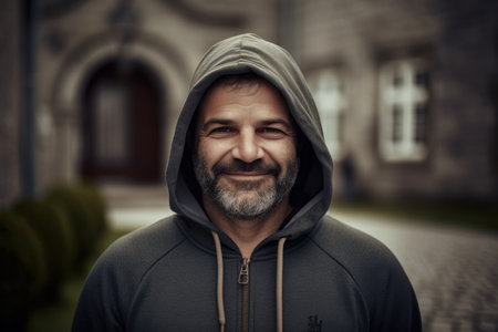 Portrait of a smiling bearded man wearing hooded sweatshirt.の素材