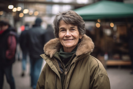 Portrait of a smiling senior woman at Christmas market in London.の素材
