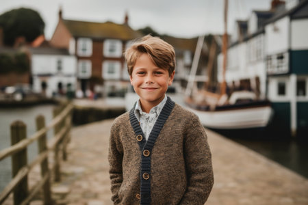 Portrait of a cute little boy standing in front of a boat in the harbour.の素材