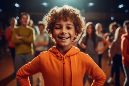 Portrait of smiling boy looking at camera in dance class during breakの素材