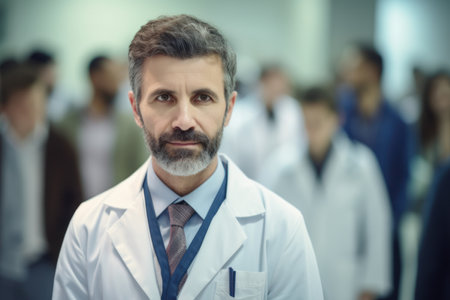 Portrait of confident doctor standing in front of group of medical workersの素材