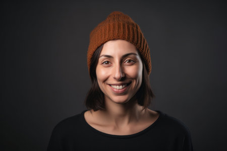 Portrait of a smiling young woman in a brown hat on a dark backgroundの素材