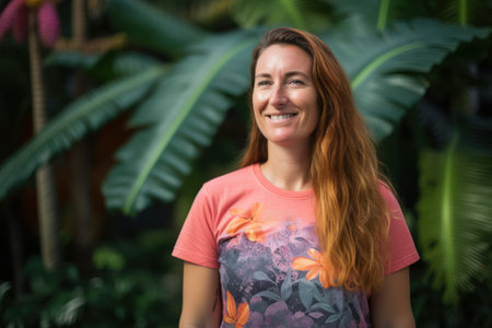Portrait of a beautiful young woman with long red hair in a tropical gardenの素材