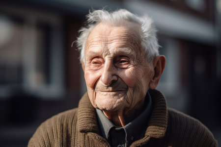 Portrait of an old man with gray hair in the street.の素材