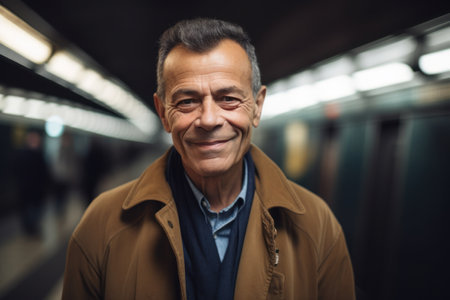 Portrait of smiling senior man standing in subway train, looking at cameraの素材