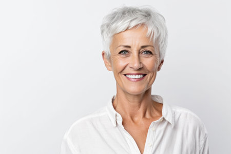 Portrait of a happy senior woman smiling at the camera over white backgroundの素材