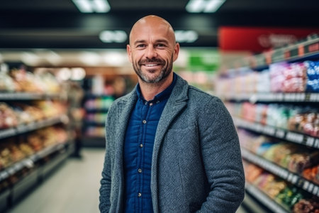 Portrait of a handsome mature man smiling while standing in a supermarketの素材