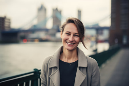 Portrait of a smiling businesswoman standing on a bridge in Londonの素材
