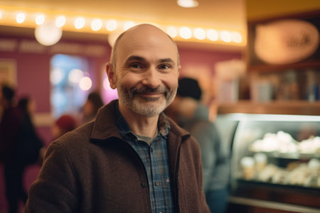 Portrait of mature man looking at camera and smiling while standing in cafeの素材