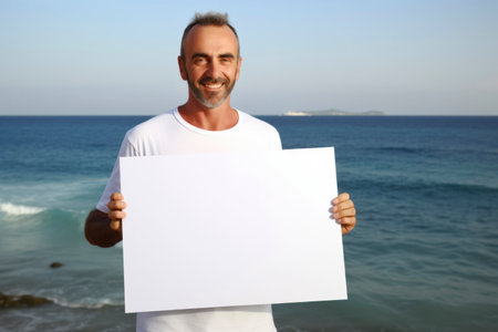 Handsome man holding blank white sheet of paper on the beachの素材