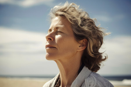 Portrait of middle-aged woman looking away while standing on beachの素材