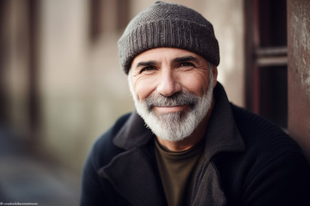 Portrait of a senior man with gray beard and hat in the cityの素材