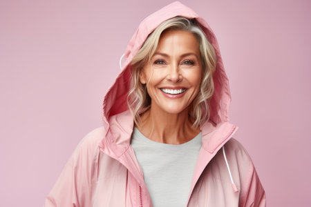 Smiling mature woman in pink hoodie looking at camera with a lovely smileの素材
