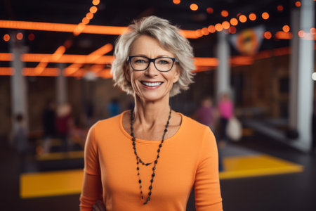 Portrait of smiling senior woman with eyeglasses standing in fitness studioの素材