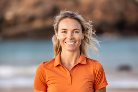 Portrait of a beautiful middle aged woman smiling at the camera on the beachの素材