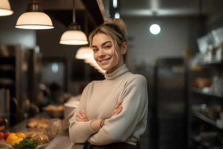 Portrait of smiling woman with crossed arms standing in cafe or restaurantの素材