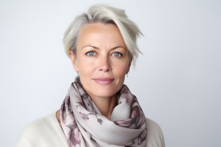 Portrait of a beautiful middle-aged woman with short hair and a scarfの素材