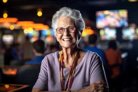 Portrait of smiling senior woman in cafe at night time.の素材