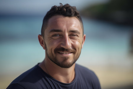 Portrait of smiling man standing at beach on a sunny day.の素材