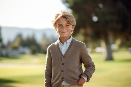 Portrait of smiling boy standing with hands in pocket on golf courseの素材