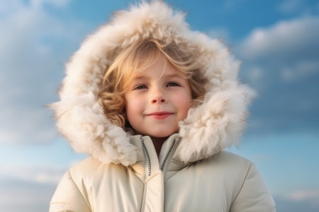 Outdoor portrait of little girl in winter jacket and fur hood.の素材