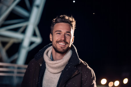 Portrait of a handsome young man wearing coat and scarf at night.の素材
