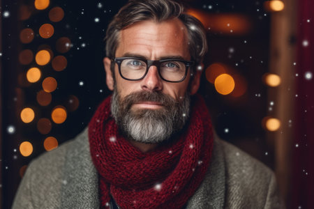 Portrait of a handsome bearded man wearing glasses and a red scarfの素材