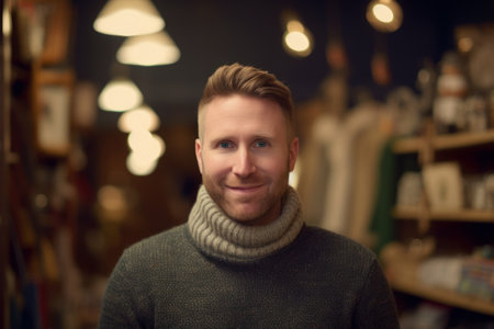 Portrait of a handsome man in a sweater and scarf in a shopの素材